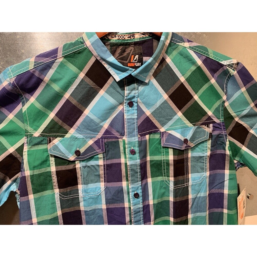 Plaid Cowboy Western Short Sleeve XL Amplify Button Up Blue/Green/Black New Tags